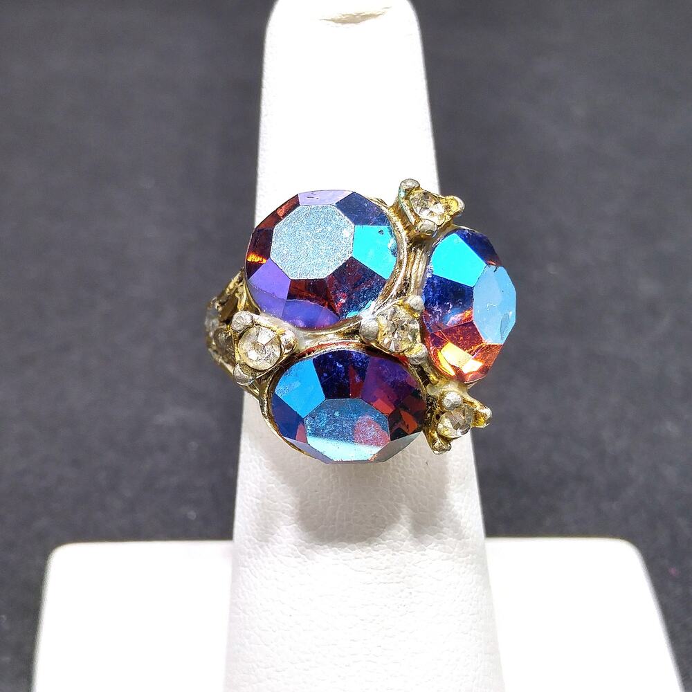 Vintage Aurora Borealis Rhinestone Ring, Adjustable US Size 7, 1960s